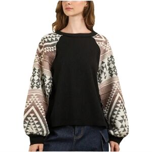 025.Mary J. Bohemian Baloon Geometric Sleeve Thermal Sweater In Black